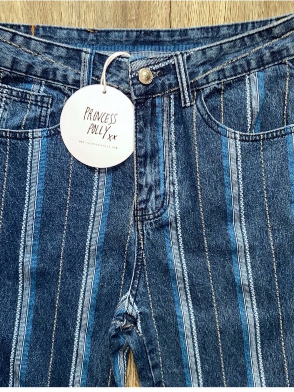 Princess Polly Blue Vertical Stripe HighRise Flare Jeans Front Slit Women’s Sz 4 - Picture 2 of 6